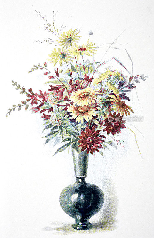 花卉装饰，混合的夏季花卉在一个绿色的花瓶