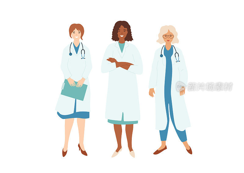 女医生，多元化的医疗专业团队。