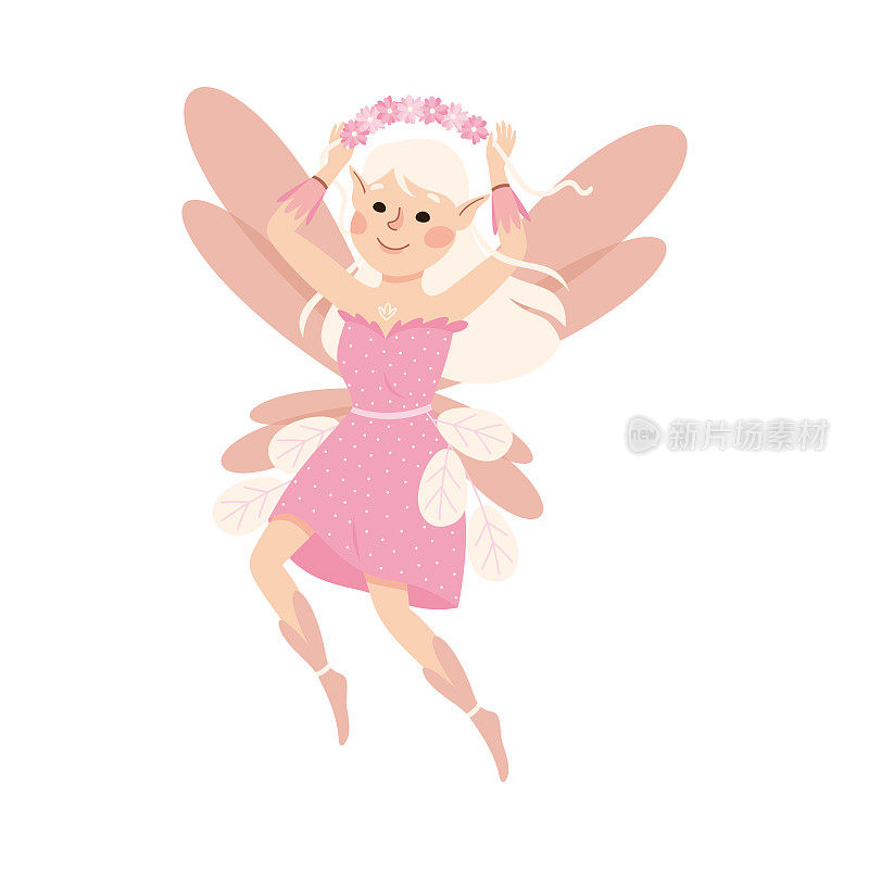 可爱的女孩仙女飞与翅膀拿花花环矢量插图