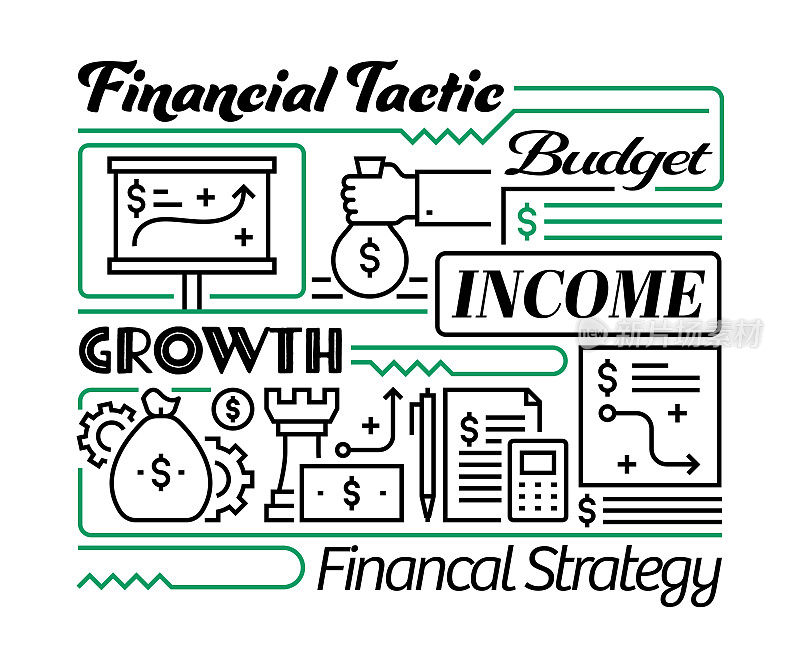 财务规划的对象和要素。线条图标插图集合。图标设置或标题模板。