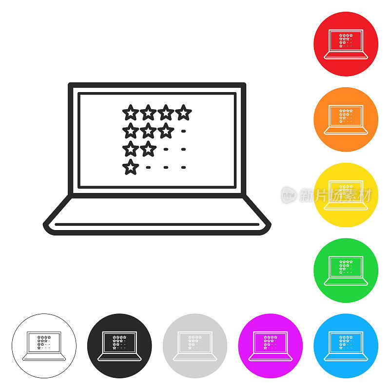 带星级的笔记本电脑。彩色按钮上的图标