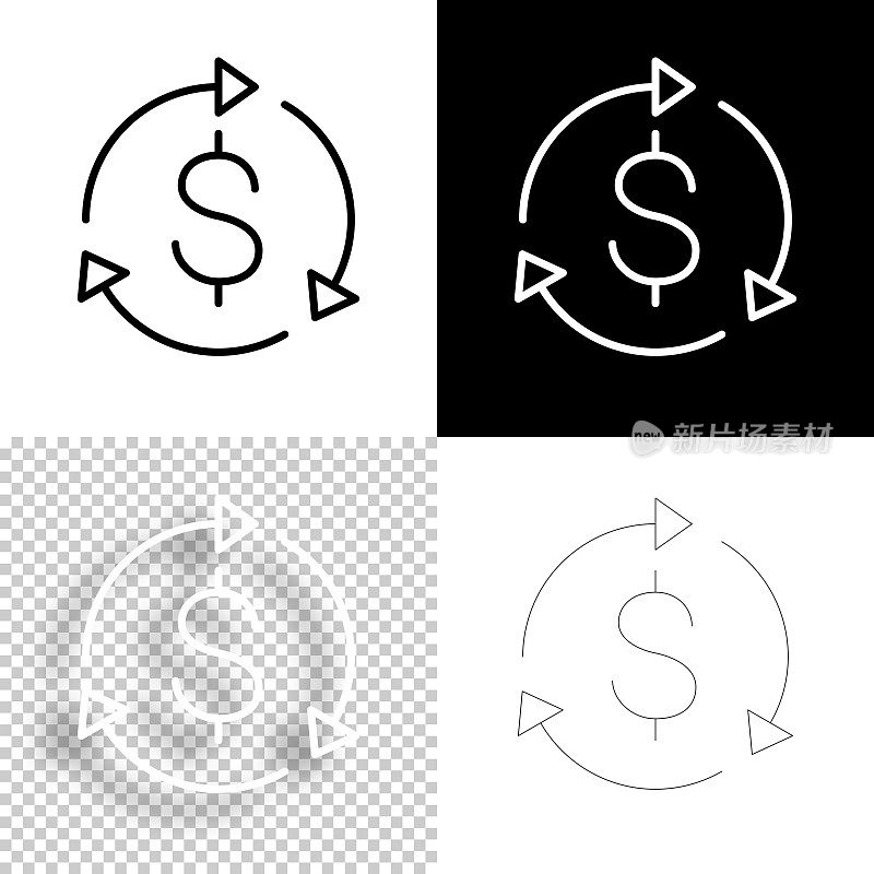 美元重新加载。图标设计。空白，白色和黑色背景-线图标