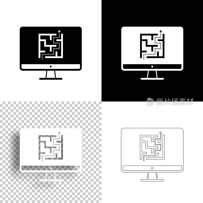 带迷宫的台式电脑。图标设计。空白，白色和黑色背景-线图标