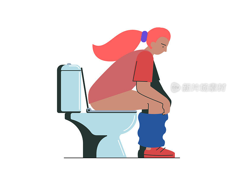 有思想的年轻女子在厕所里小便或拉屎。女孩坐在抽水马桶上。美女花时间在洗手间。向量eps插图