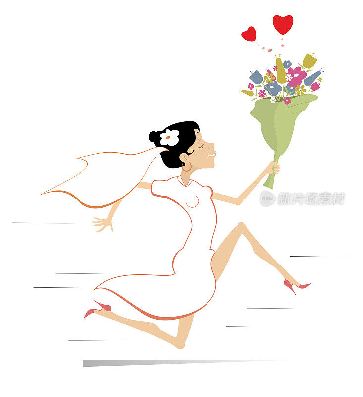 卡通跑步女人与一束花