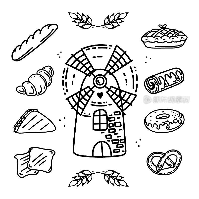 一套烘焙食品，涂鸦风格的手绘元素。磨粒机用于磨粒。面粉制品:面包、百吉饼、牛角包和三明治。飙升的小麦。简单的线性向量风格的标志，图标。