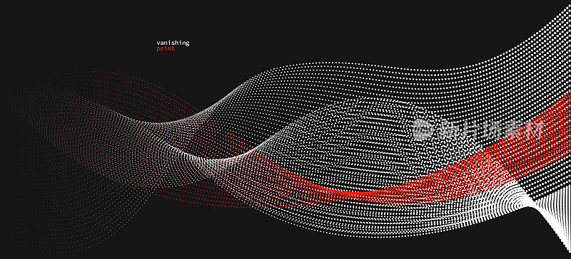 摘要背景矢量插图，红黑点运动曲线线，粒子流波隔离，单色黑白插图。