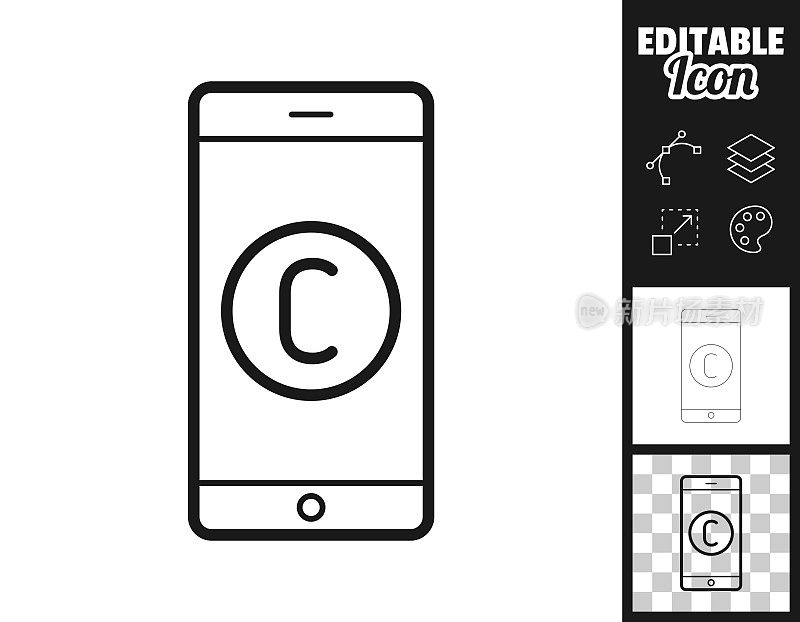 带有版权标志的智能手机。图标设计。轻松地编辑