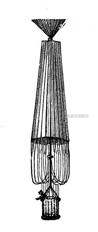 古董插图，应用力学:飞行器，热气球降落伞，封闭