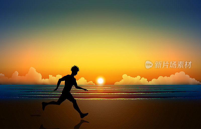 清晨一个男人在沙滩上跑步的剪影