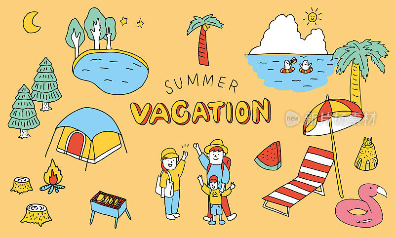 矢量插画集的暑假概念。