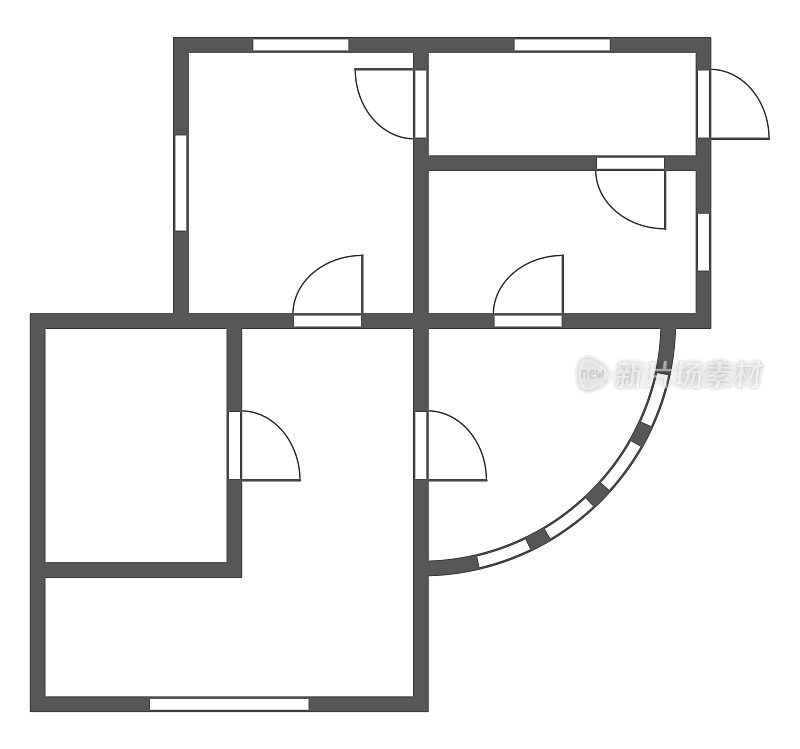 公寓建筑计划。黑色和白色隔离的公寓或房子。厨房、卧室、客厅、餐厅、浴室的平面图、室内设计。没有家具的公寓