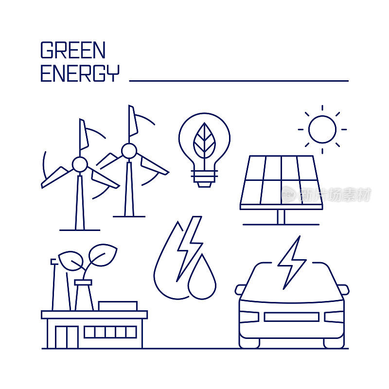 绿色能源相关设计要素。使用大纲图标的模式设计。