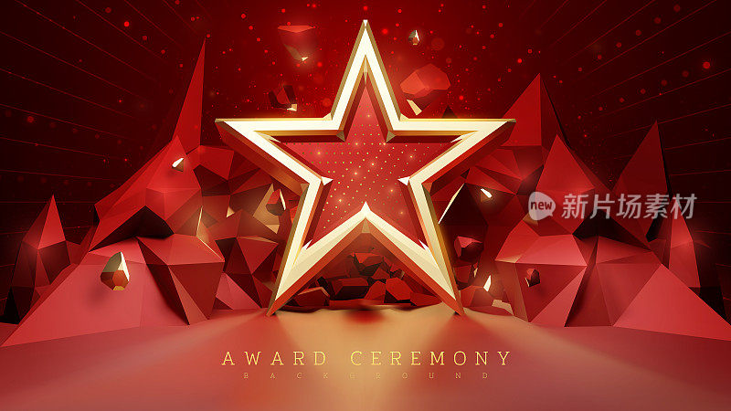 颁奖典礼背景与3d金星元素和石头装饰闪光的灯光效果和散景。