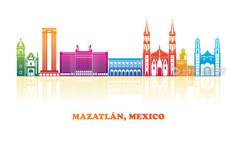 墨西哥马萨特兰市色彩丰富的天际线全景