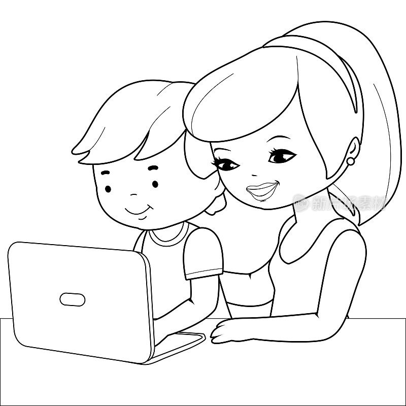 母亲和儿子在电脑上。矢量黑白着色页