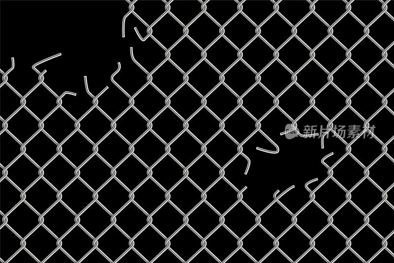 钢丝网孔的钢栅栏矢量插图。网笼或建筑屏障金属链的三维逼真撕裂，监狱边界铁丝和链条断裂或金属安全边界
