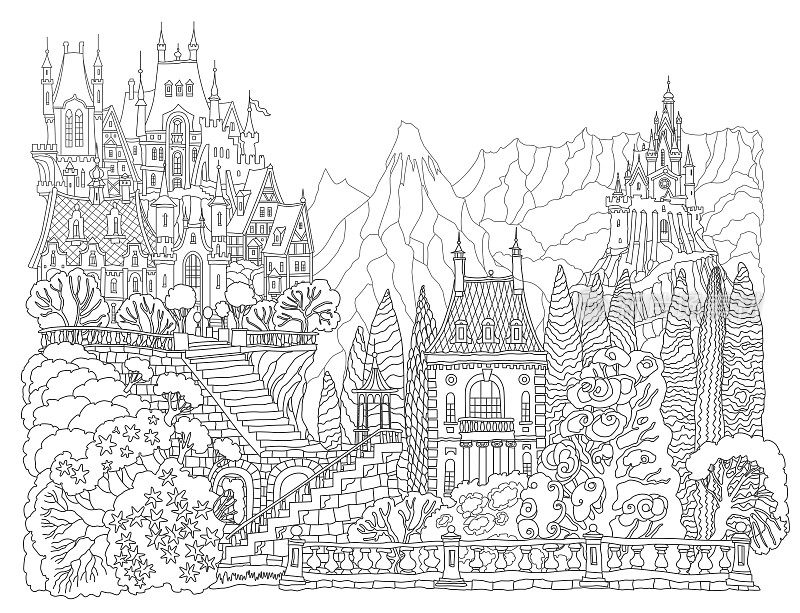 梦幻景观，山上的童话城堡，石头楼梯，花园和山脉。黑白涂色书页