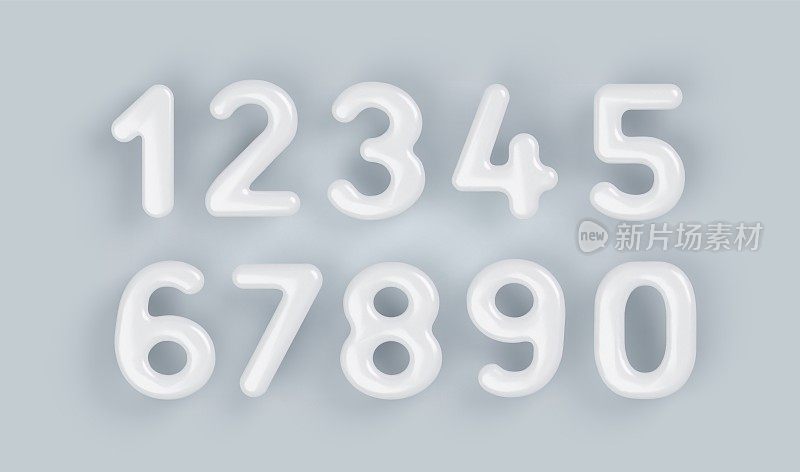 3D白色塑料数字1,2,3,4,5,6,7,8,9和零与灰色背景的光滑表面。