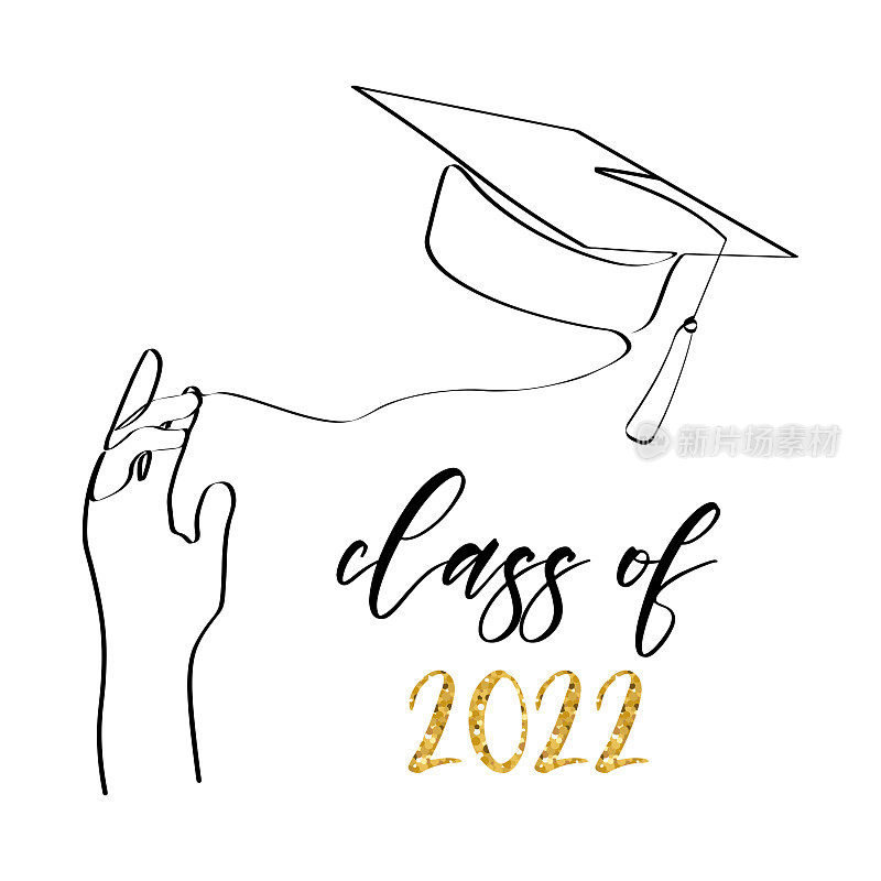 2022级。一条线的艺术与学生抛起他的毕业帽。时髦的一条线画设计图形矢量插图。