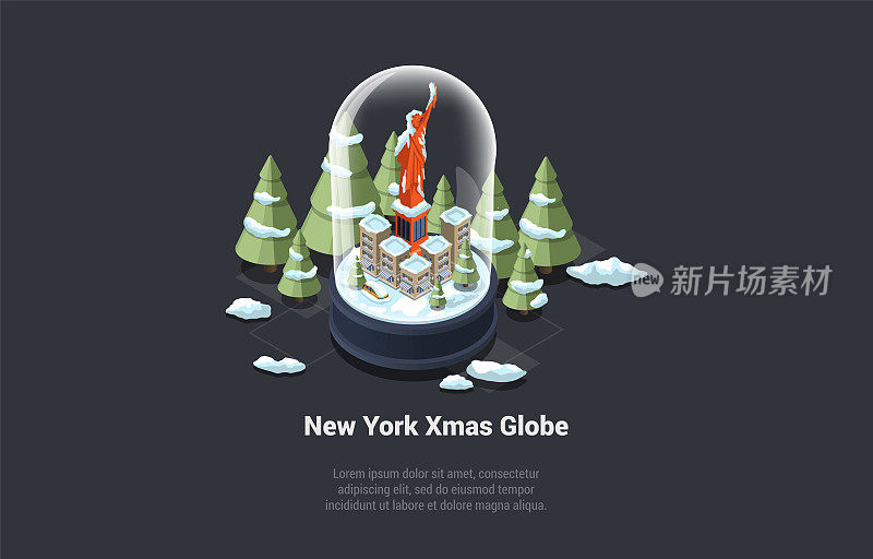 冬季假期，圣诞节庆祝主题概念。美丽的雪城全球与舒适的纽约气氛和圣诞地标被树木包围。等距三维卡通矢量插图