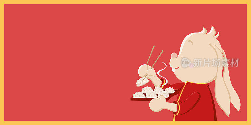 穿着传统服装的可爱兔子正在吃饺子。中国新年，春节和元宵节。水平红色和金色横幅与复制空间卡通涂鸦风格。