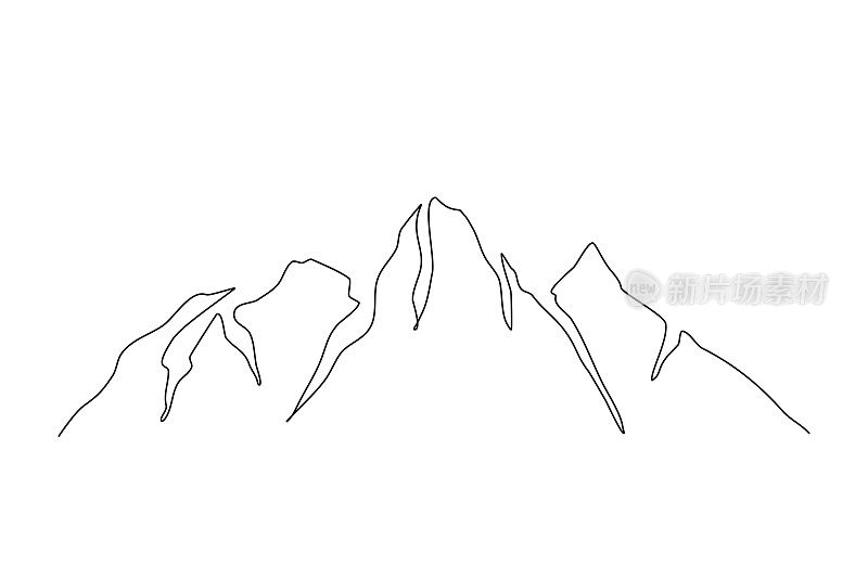 连续的单线山景图。高坐骑高峰线形画矢量设计。探险、冬季运动、徒步旅行和旅游概念。线条简洁的山地景观设计。