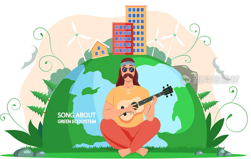 男吟游诗人在星球背景下弹奏吉他。盖伊在唱关于绿色生态系统的歌