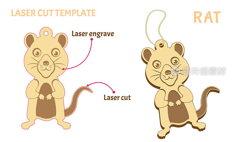 老鼠。模板激光切割和雕刻从胶合板。中国新年生肖。矢量插图的有趣，卡通老鼠幼崽。