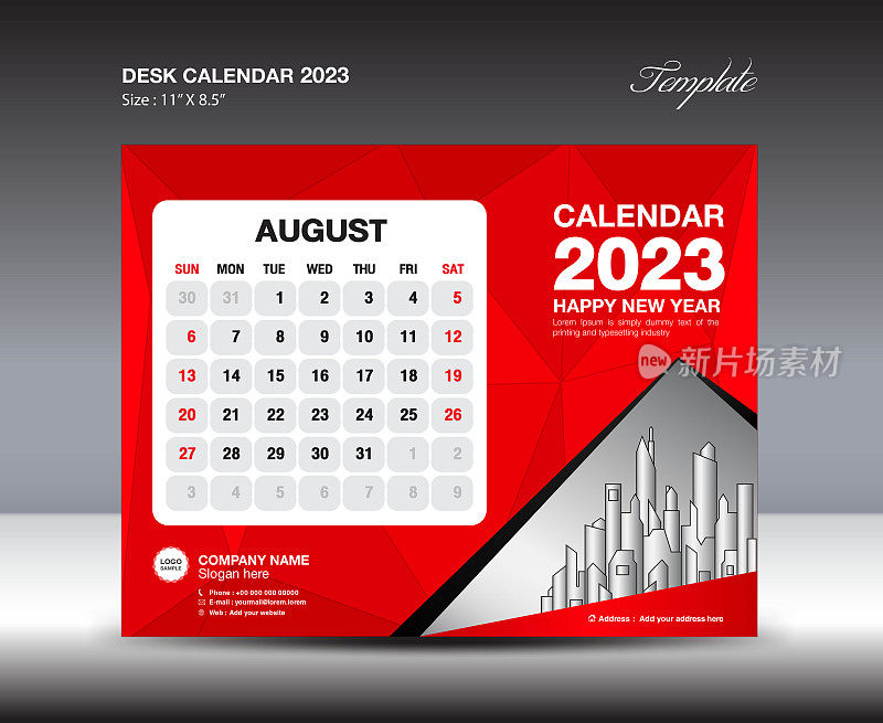 2023年8月模板-台历2023年模板，2023年挂历2023年，周开始周日，记事本设计，文具设计，传单设计，印刷媒体，红色多边形背景矢量