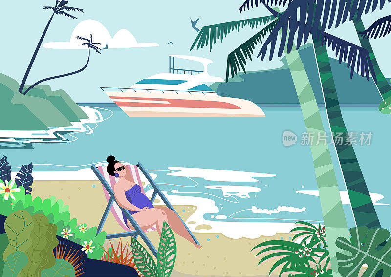 度假热带户外海滨胜地，女性性格放松的海岸线，海洋海湾包装游艇平矢量插画。