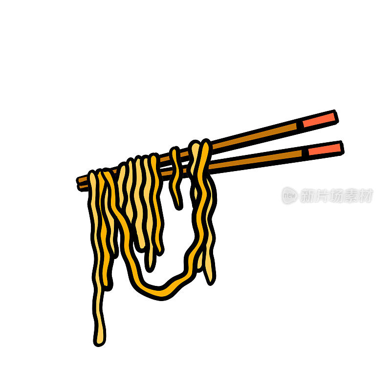 拉面和木棍。筷子夹长意大利面。亚洲日本菜和中国菜。卡通插图