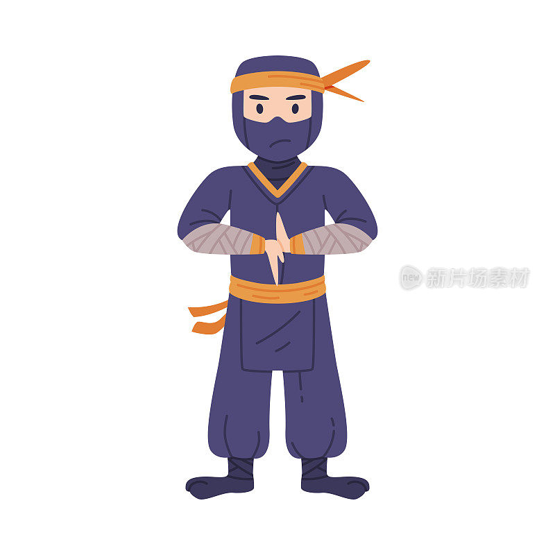 站立忍者或忍者字符作为日本隐蔽特工或雇佣兵在Shozoku伪装服装矢量插图