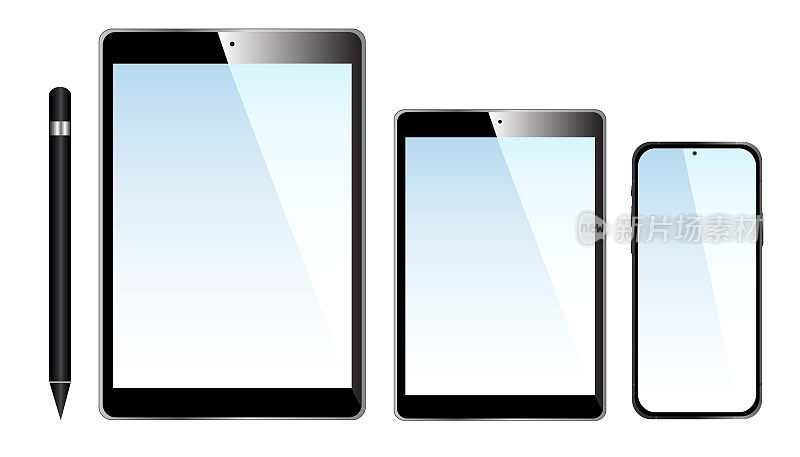 现实风格的无线技术。图形平板电脑和手机在一个孤立的白色背景。