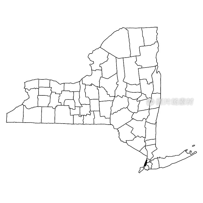 白色背景的纽约州纽约县地图。纽约地图上的单个县用黑色突出显示。