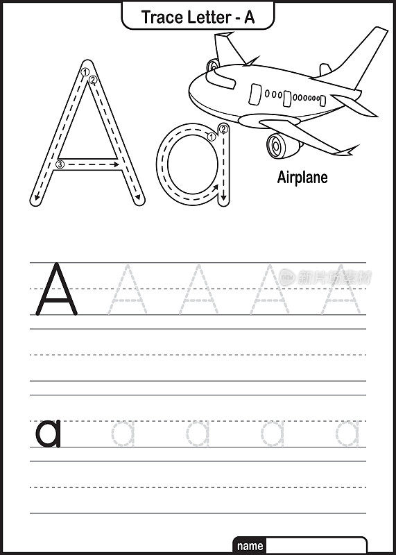 字母跟踪字母A到Z学龄前工作表与字母A飞机亲矢量