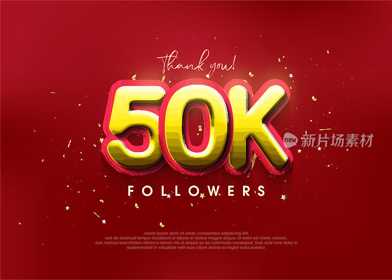 优雅地感谢5万粉丝，为社交媒体帖子设计。奖励矢量背景成就庆祝设计。