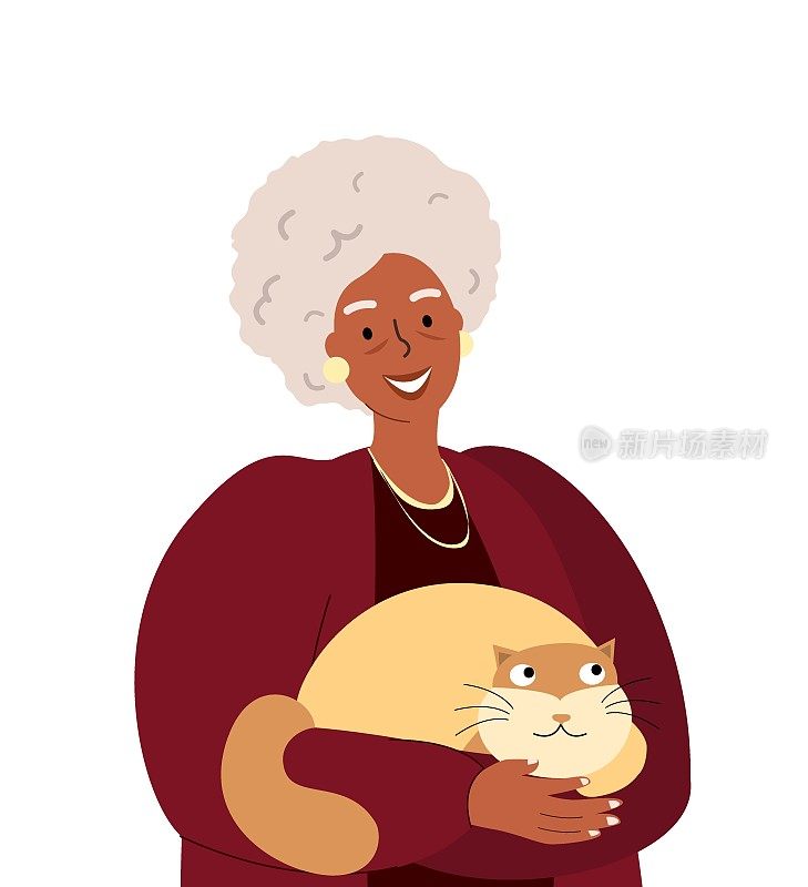 微笑的非洲高级女士与猫，快乐的老年退休妇女拥抱她的肥猫。快乐的女人，老年人穿时尚时髦的衣服，配饰。平面矢量插图孤立，白色背景