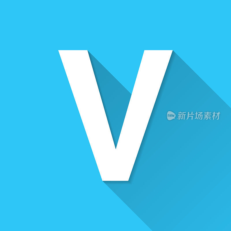 字母V.图标在蓝色背景-平面设计与长阴影