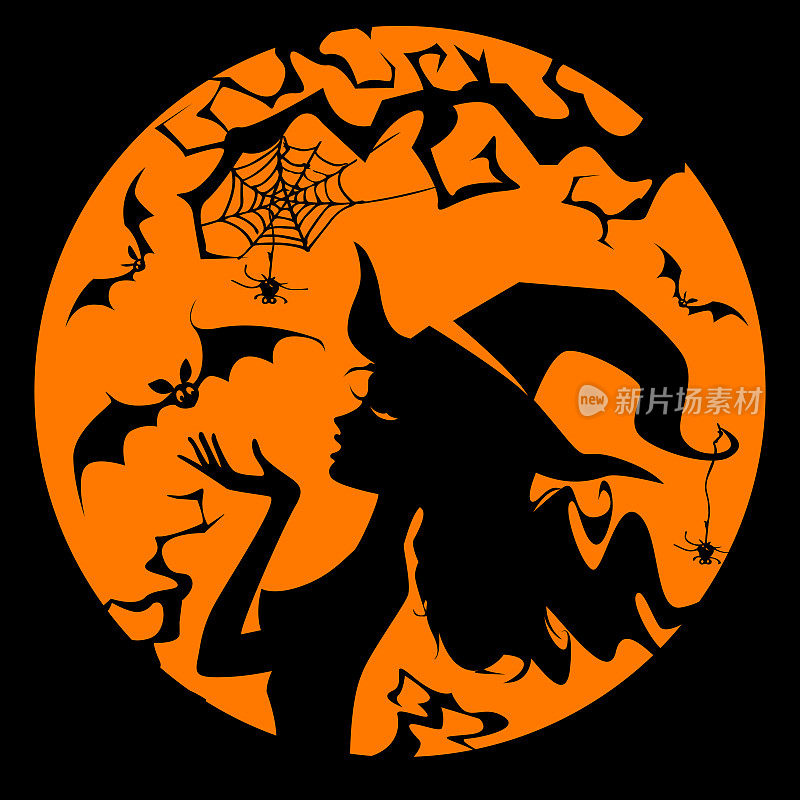 万圣节概念的扁平风格。一个年轻美丽的女巫在满月的背景下吃着一颗有蝙蝠的糖果。