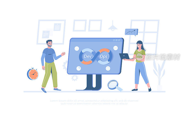 DevOps开发人员使用无限符号形状的自动化过程。软件开发。卡通现代平面矢量插图的横幅，网站设计，登陆页。