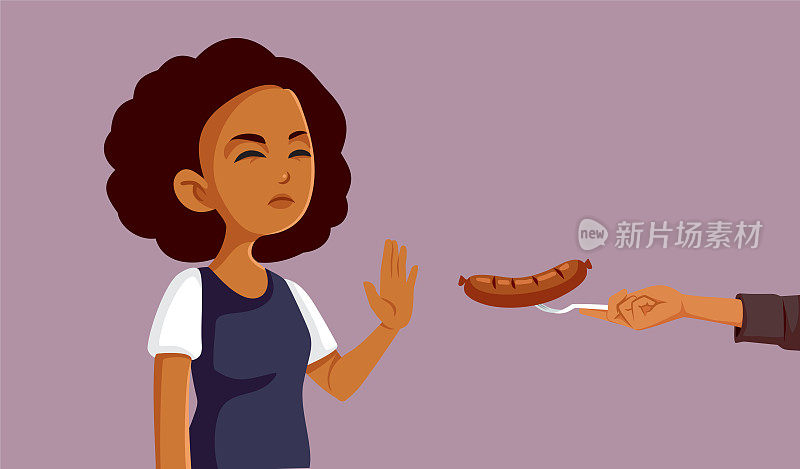 素食女孩说不肉香肠矢量卡通插图