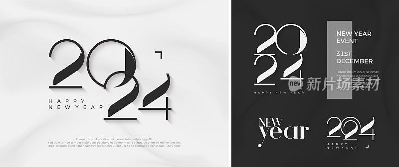 新年设计快乐。2024数字在黑白背景柔和的颜色。为横幅，海报，日历和社交媒体的高级矢量设计。
