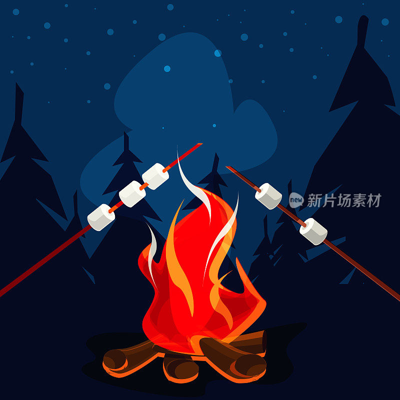 露营和徒步旅行的概念在平面风格。篝火和烤棉花糖，背景是夜晚的森林景观。