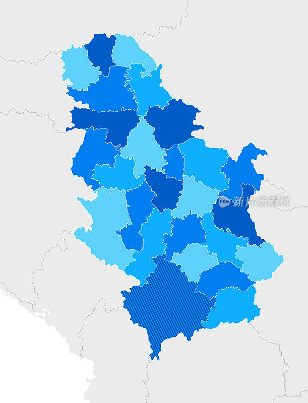 高详细塞尔维亚蓝色地图地区和国家边界的罗马尼亚，保加利亚，科索沃，北马其顿，阿尔巴尼亚，黑山，匈牙利，希腊，克罗地亚