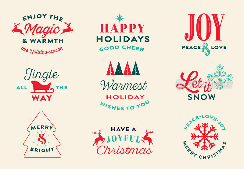 圣诞节和假日标签设计集与各种节日问候，说和短语