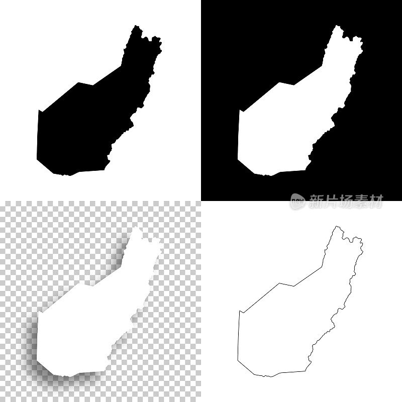 波卡洪塔斯县，西弗吉尼亚州。设计地图。空白，白色和黑色背景