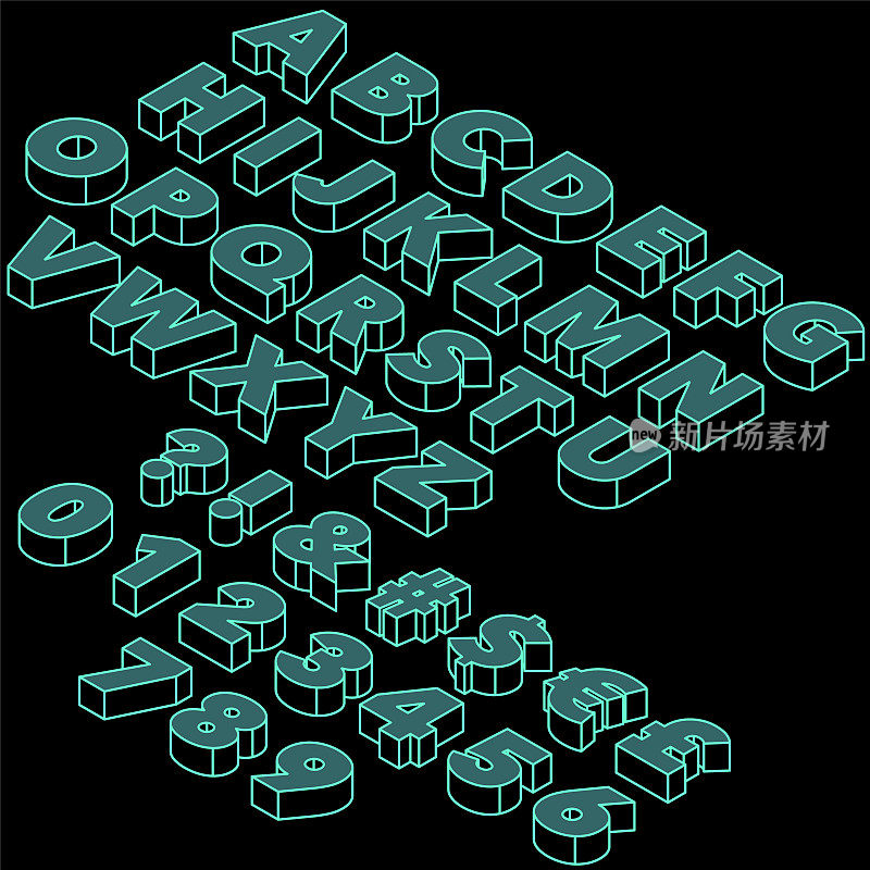 等距轮廓矢量字体设置在黑色背景上。