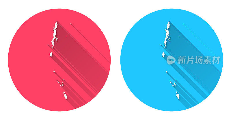 安达曼和尼科巴群岛地图。圆形图标与长阴影在红色或蓝色的背景