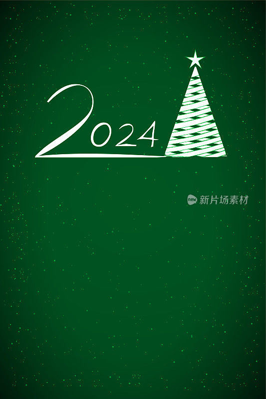 白色交叉设计圣诞树，顶部有一颗星星，顶部是充满活力的深绿色闪闪发光的垂直圣诞节日矢量背景，文字2024为新年快乐